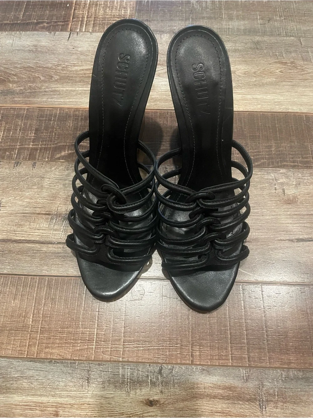 SCHUTZ Black Multi‑Strap Open‑Toe Mule Heels